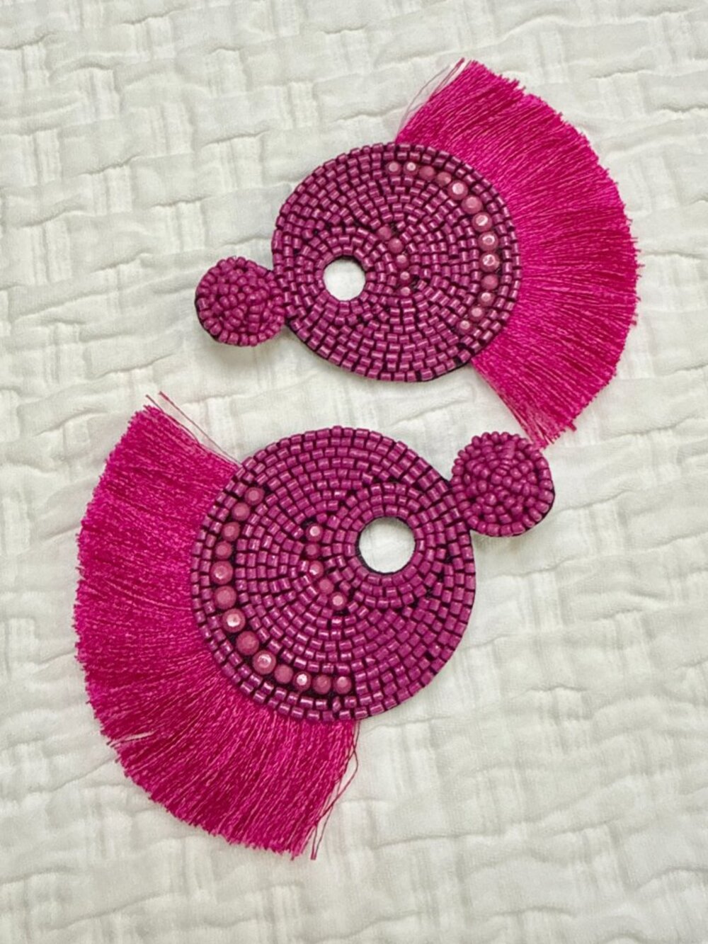 Pink & Fuchsia Round Beaded Fanned Tassel Fringe Statement Earrings